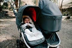 Organic Cotton Infant Insert on Bumbleride Indie Twin Double Stroller in Dawn Grey Coral